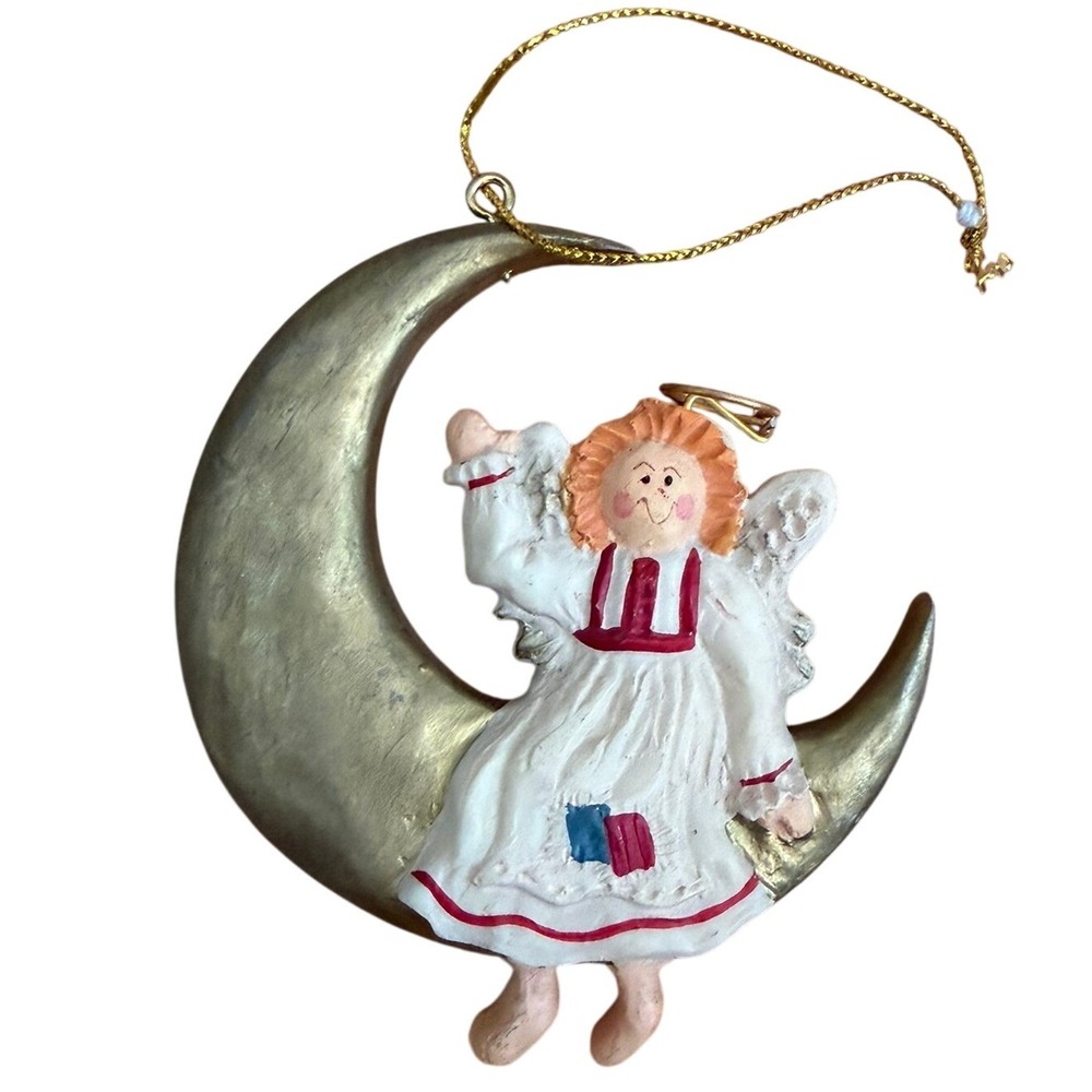 Kurt S Adler Angel on Crescent Moon Christmas Ornament Vintage Gold White Red